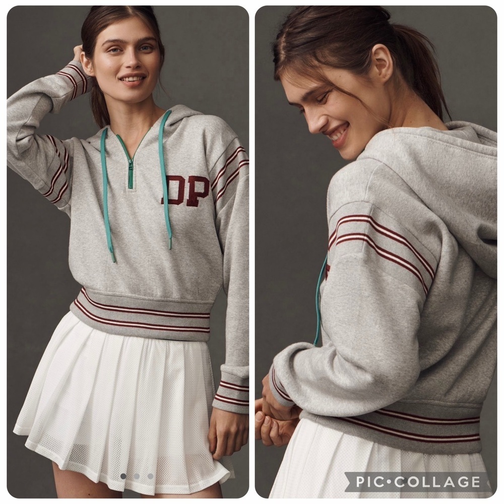 Anthropologie Daily Practice Drawstring Cropped Grey Preppy Hoodie Size Small